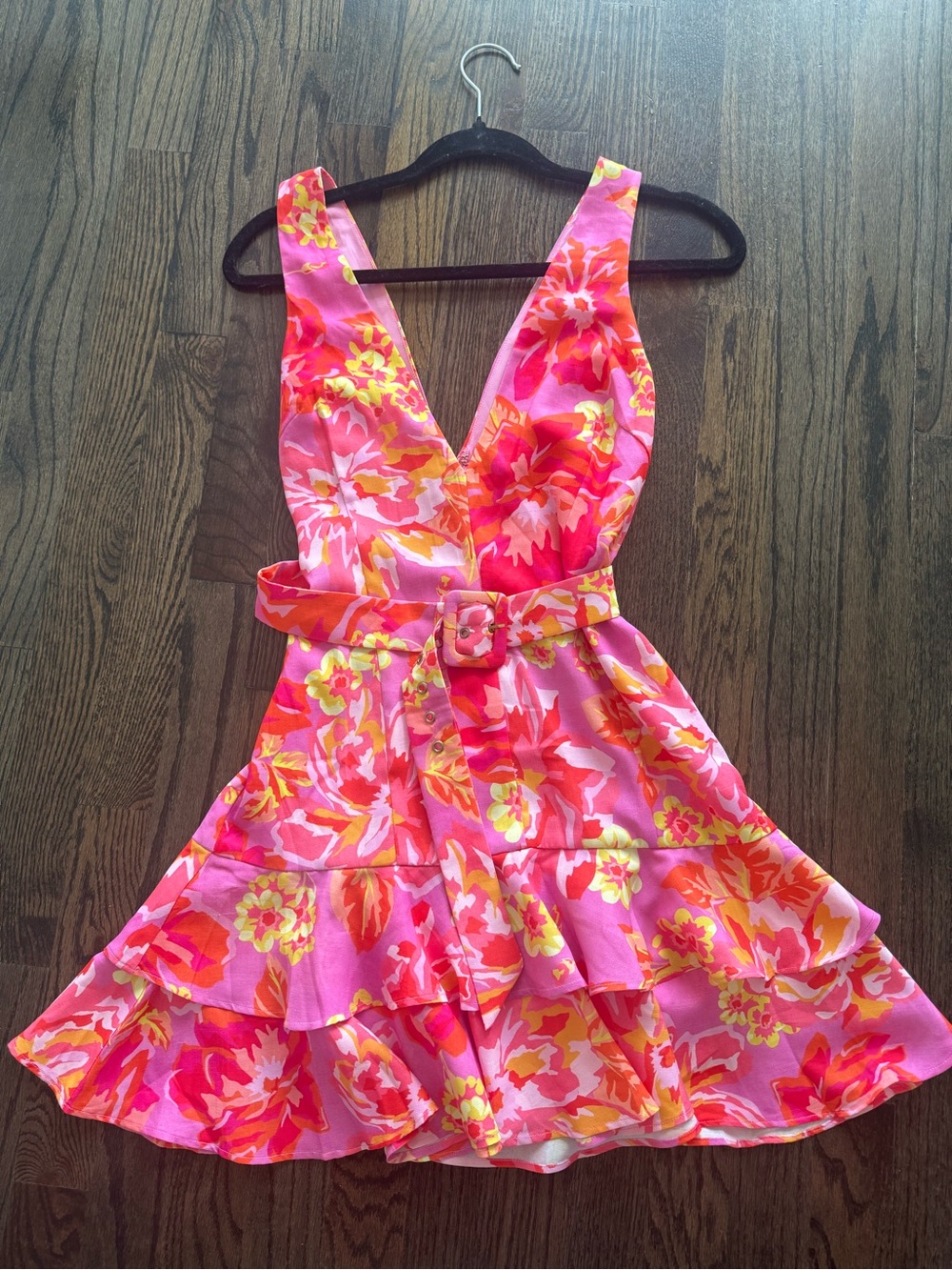 Floral Pink Belted V-Neck Sundress